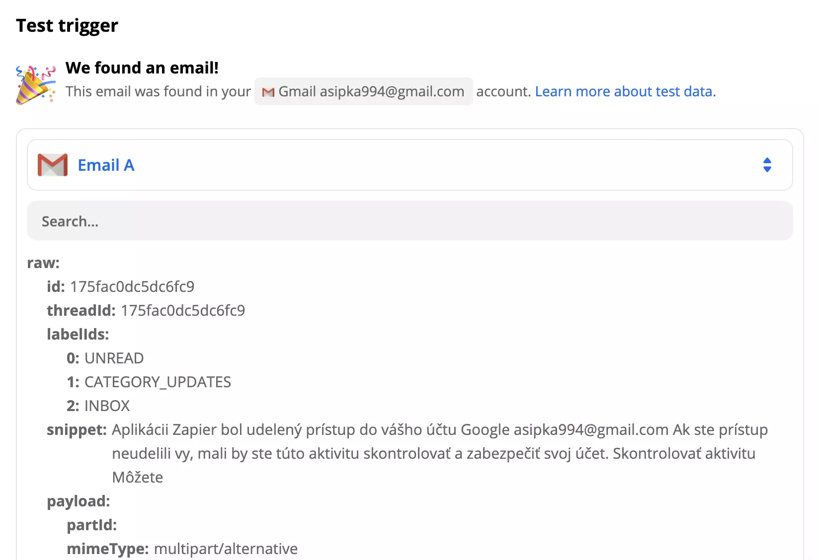 Exemplo de teste de gatilho do Gmail