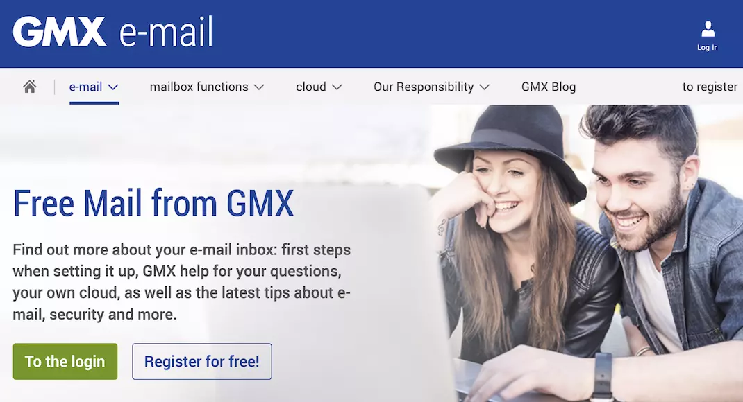 Página inicial do GMX com registro e login
