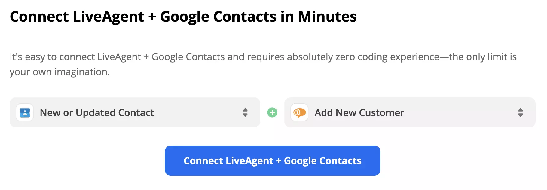 Gatilho do Google Contacts Novo ou Contato Atualizado e ação do LiveAgent Adicionar Novo Cliente
