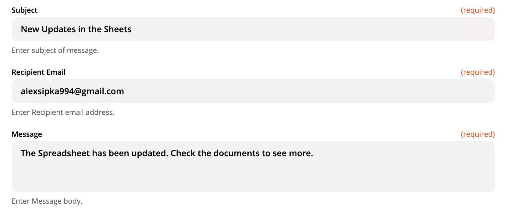 Exemplo de configuração de ação do LiveAgent com os campos preenchidos
