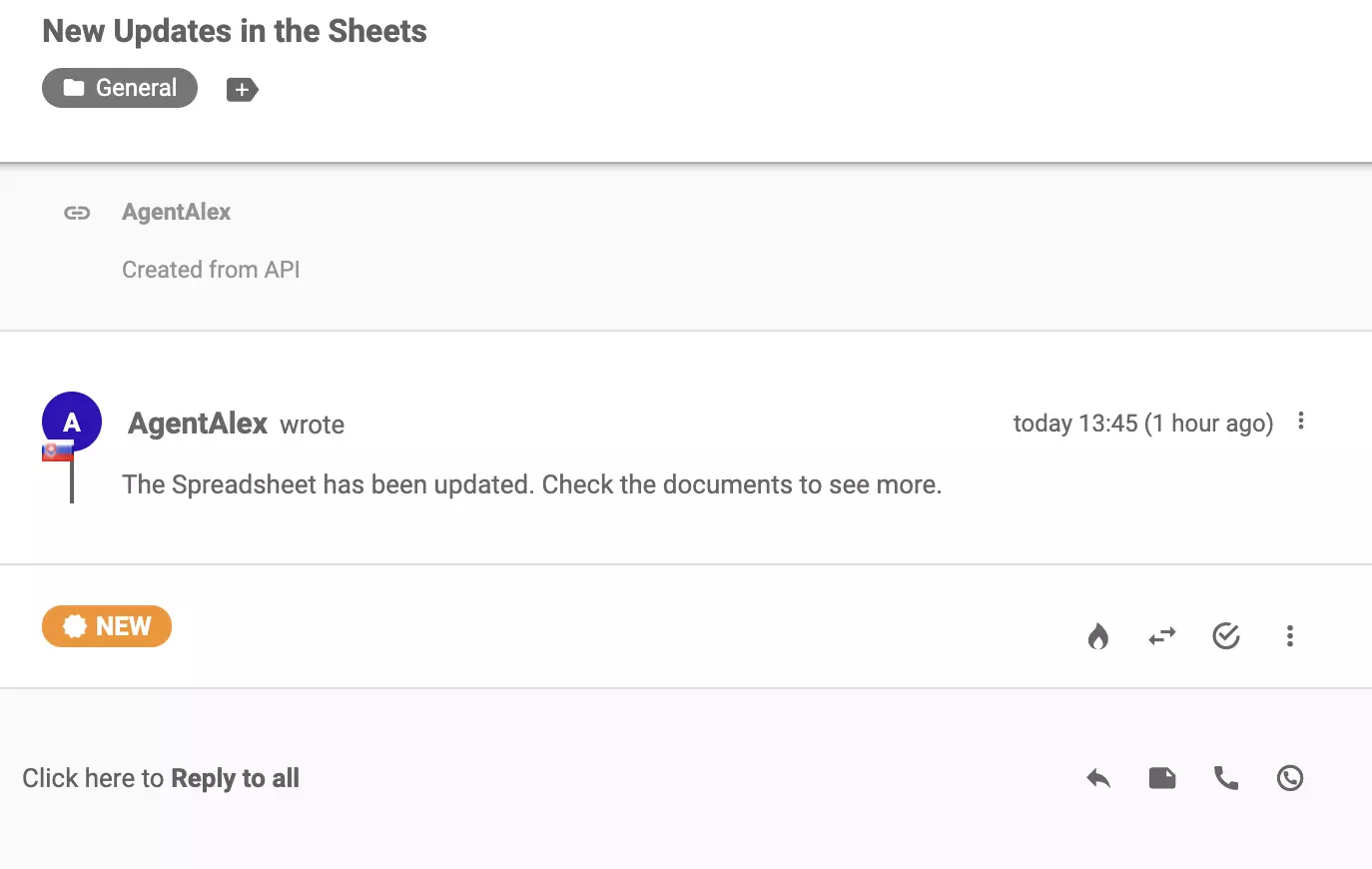 Um novo ticket que chegou ao sistema de tickets após integração bem-sucedida com Google Forms