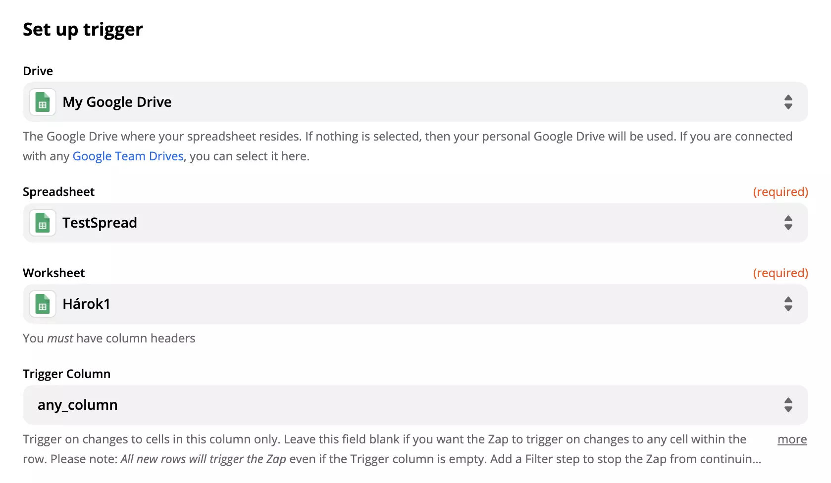 Opções e campos de configuração do gatilho do Google Sheets