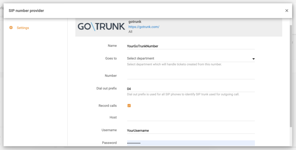 Configuração final da GoTrunk no LiveAgent