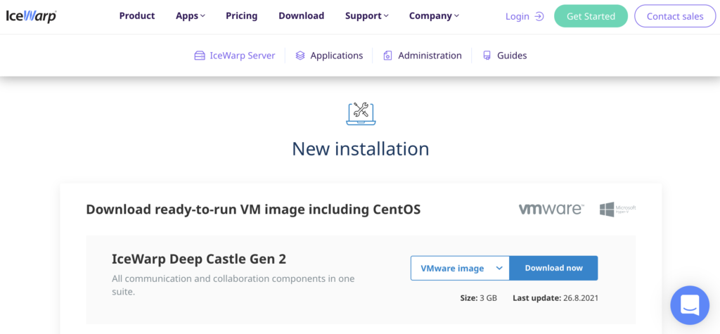 Site do IceWarp com seção de instalação e links de download