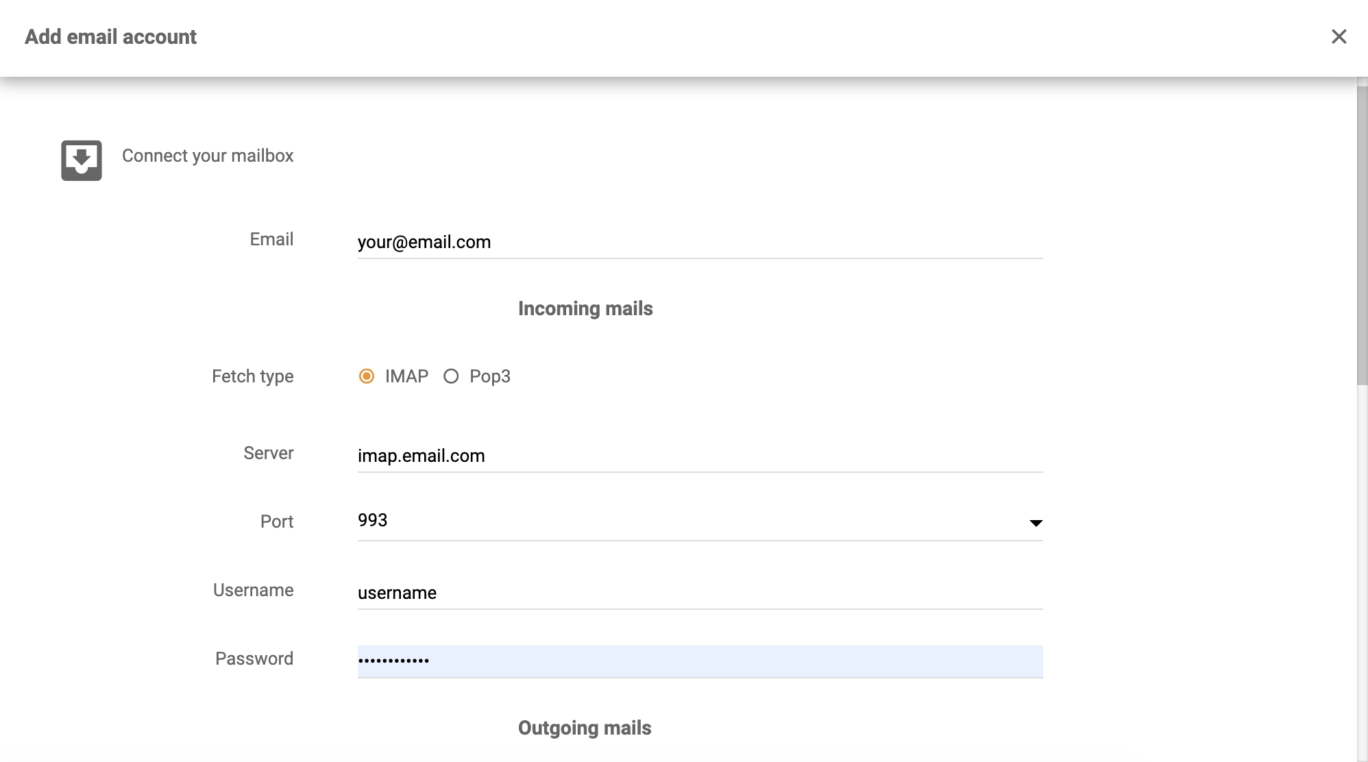 Detalhes do Dovecot na configuração de integração do LiveAgent
