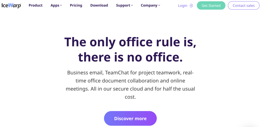 Homepage do IceWarp com slogan e opções de subpágina