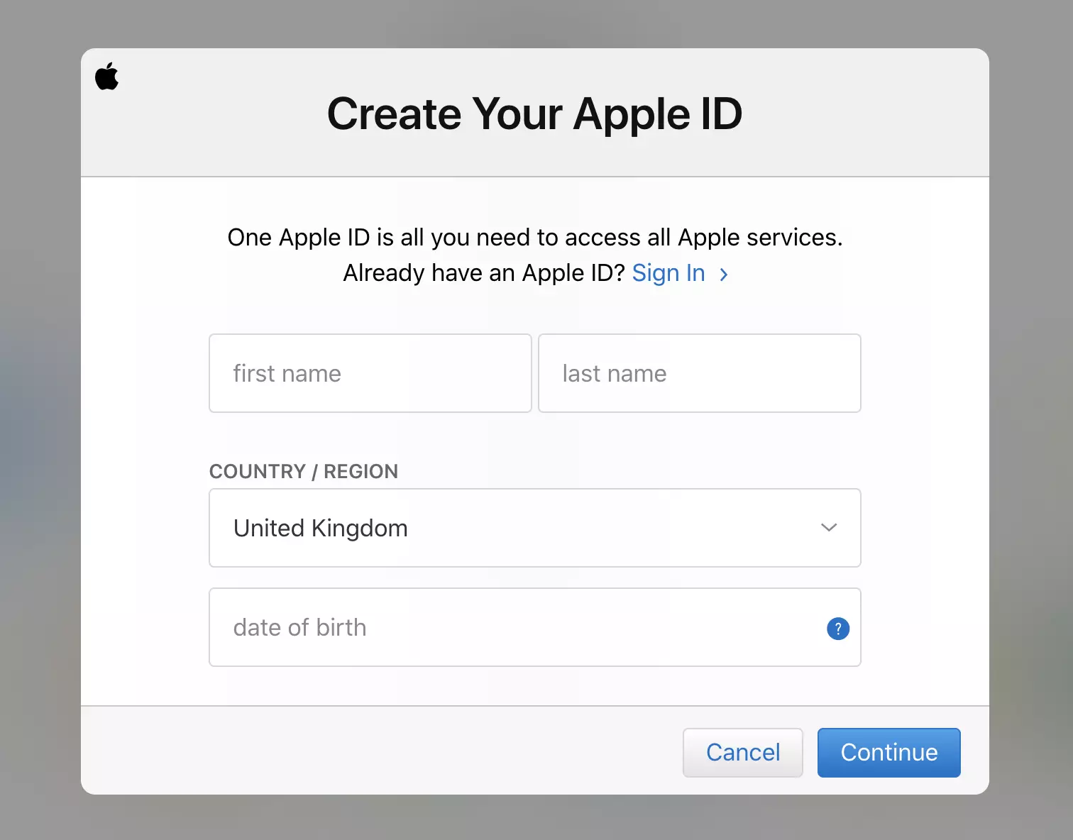 Formulário de registro de conta iCloud