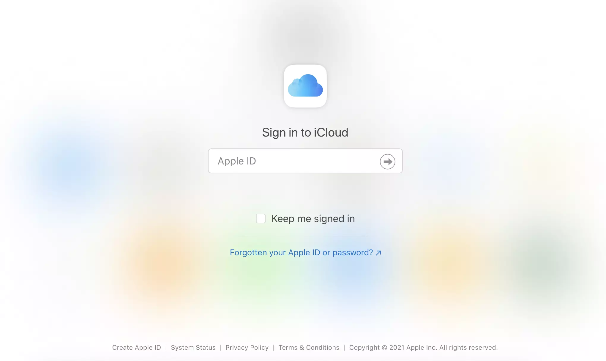Site iCloud com opções de login