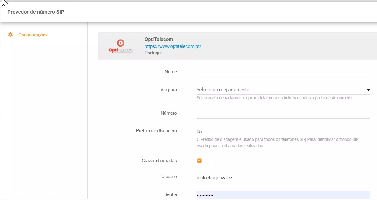Configure o número de telefone OptiTelecom