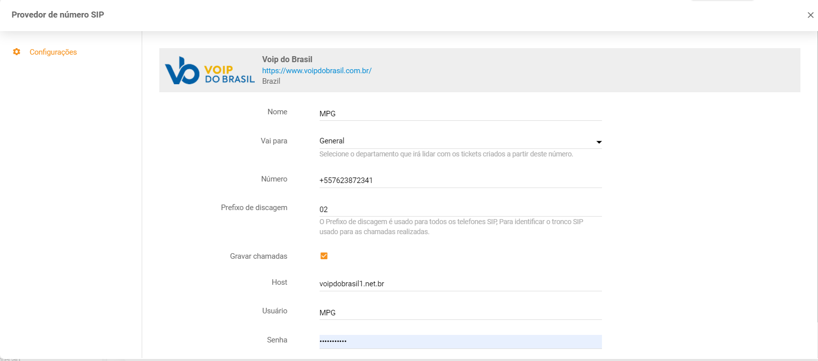 Inserir credenciais Voip do Brasil