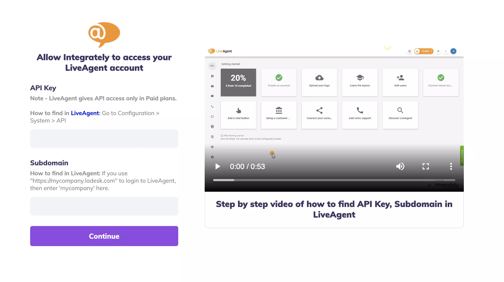 Campos de chave de API e subdomínio na integração de teste do Integrately