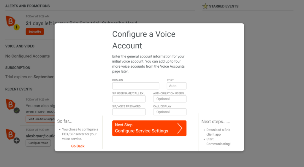 Configurações de voz do Bria