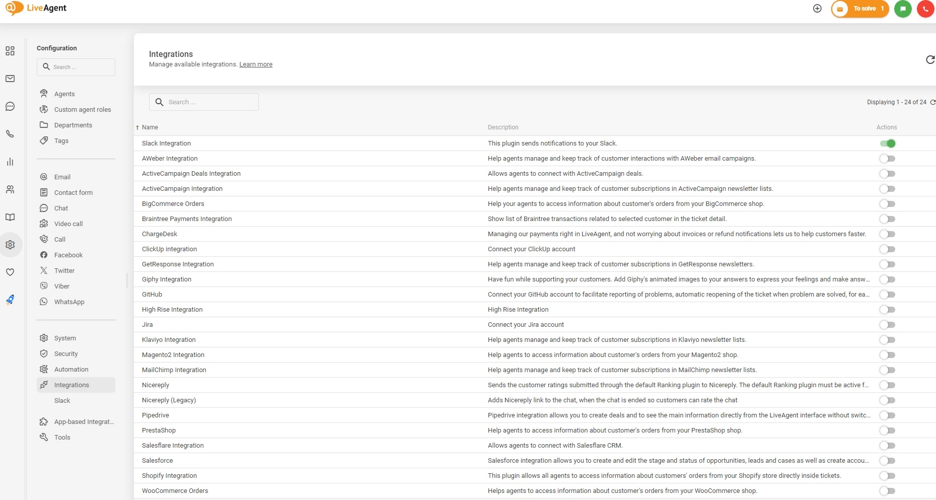 Ativar integrações no LiveAgent