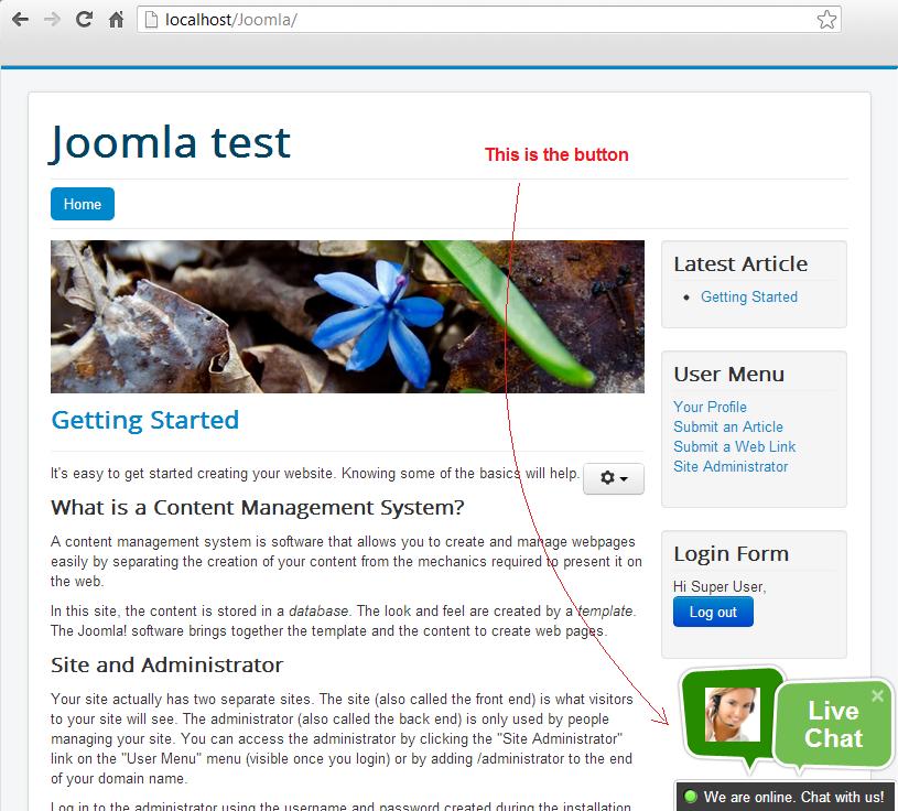 Exibição do botão de chat ao vivo Joomla