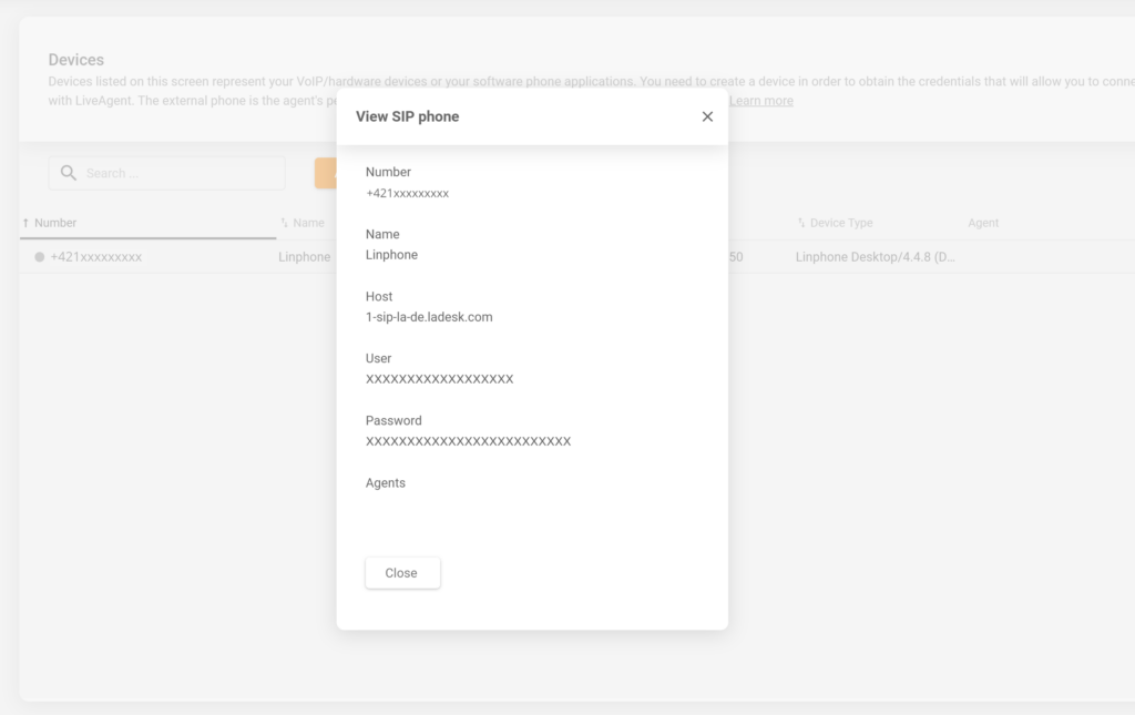 Configuração do dispositivo SIP no LiveAgent