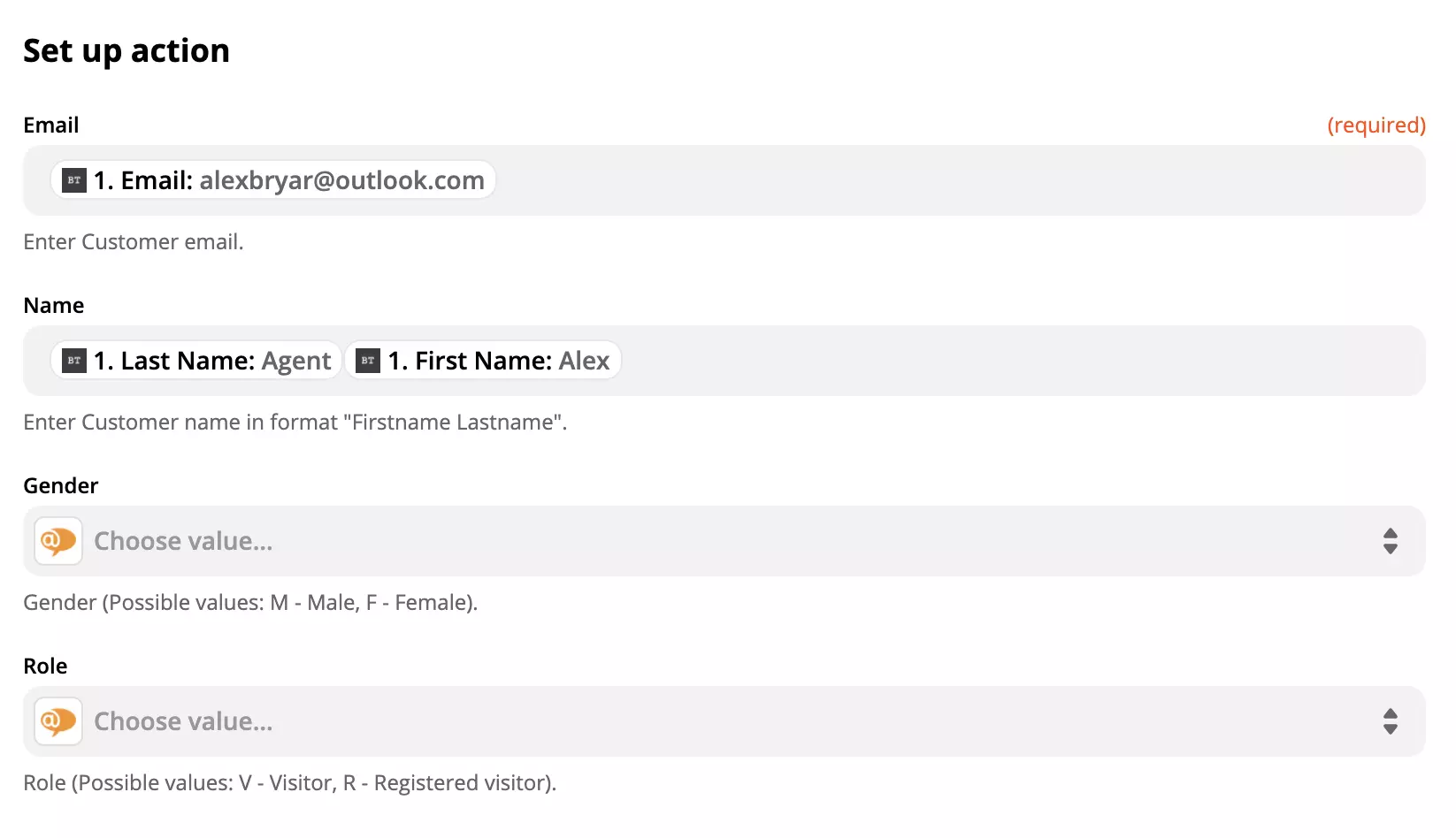 Configuração da ação LiveAgent com dados nos campos no Zapier