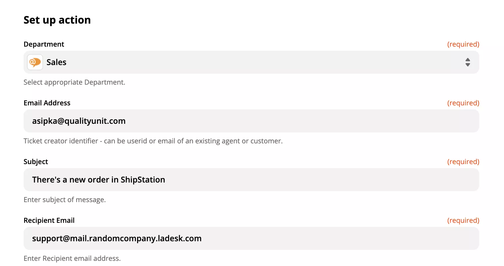 Configuração da ação LiveAgent