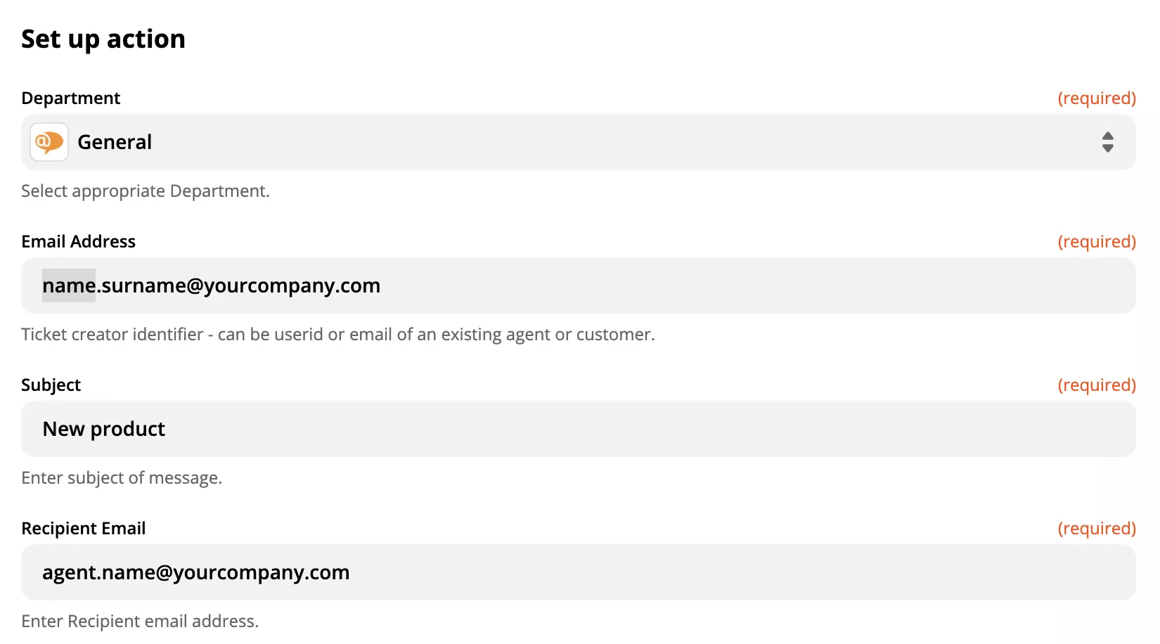 Configuração de ação do LiveAgent na integração com Zapier