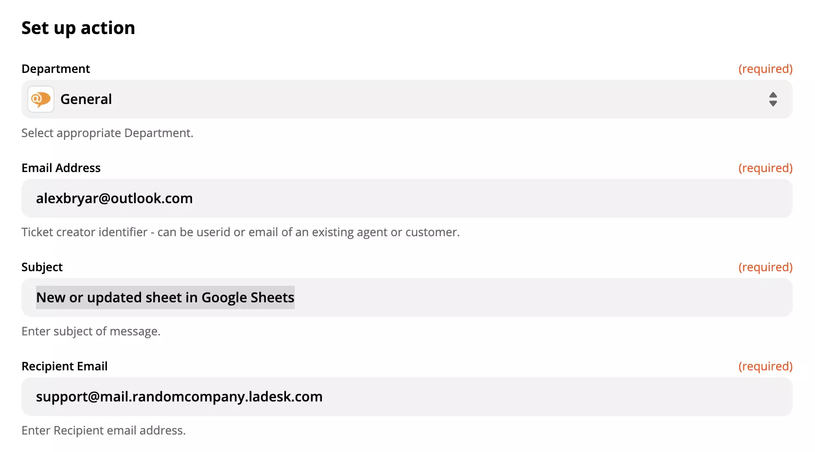 Configuração da ação do LiveAgent na integração com o Google Sheets