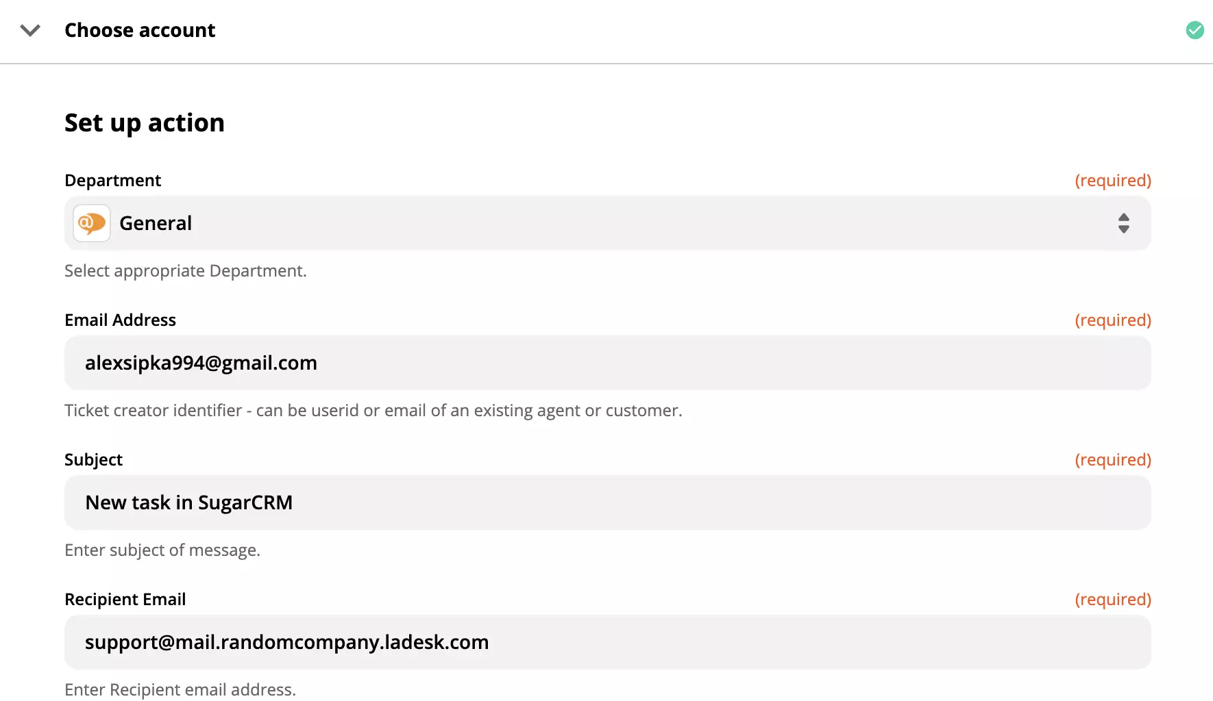 Configuração da ação do LiveAgent no Zapier
