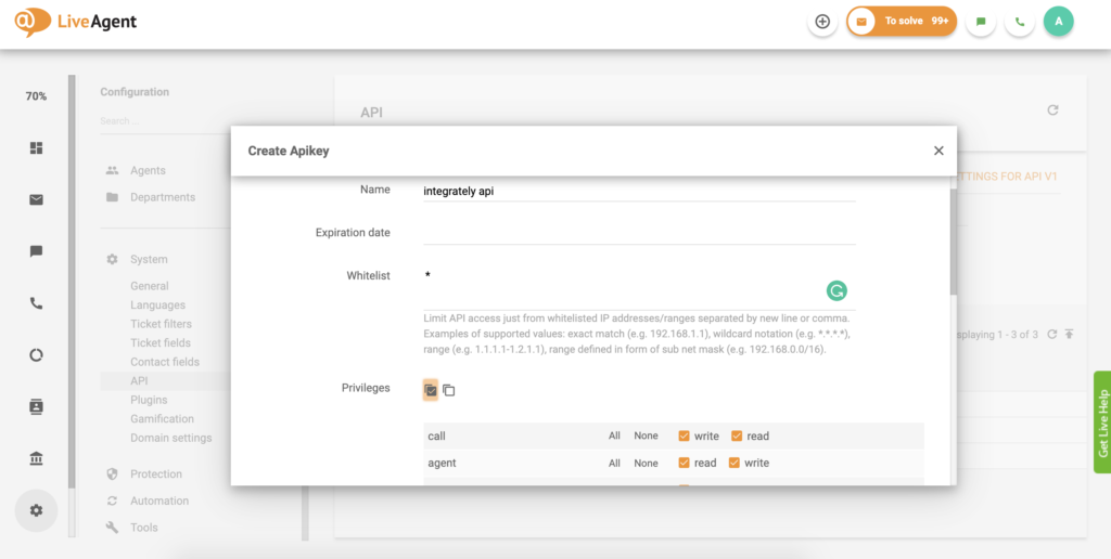Configuração de chave de API no LiveAgent