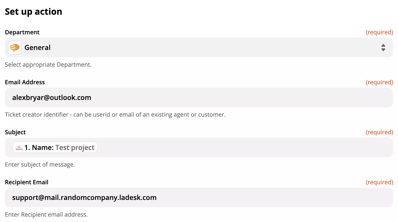 Configuração da ação LiveAgent na integração Asana no Zapier