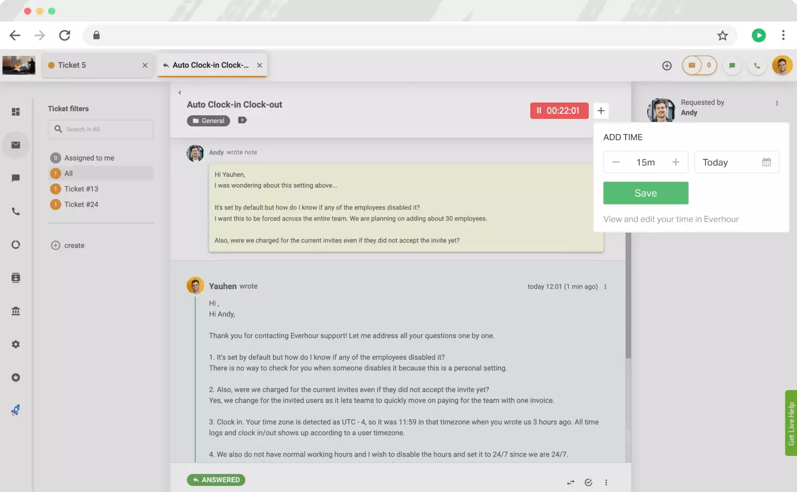 Controles do Everhour no LiveAgent