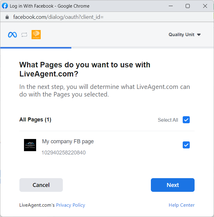 Janela pop-up que permite escolher quais páginas do Facebook você deseja integrar com o LiveAgent