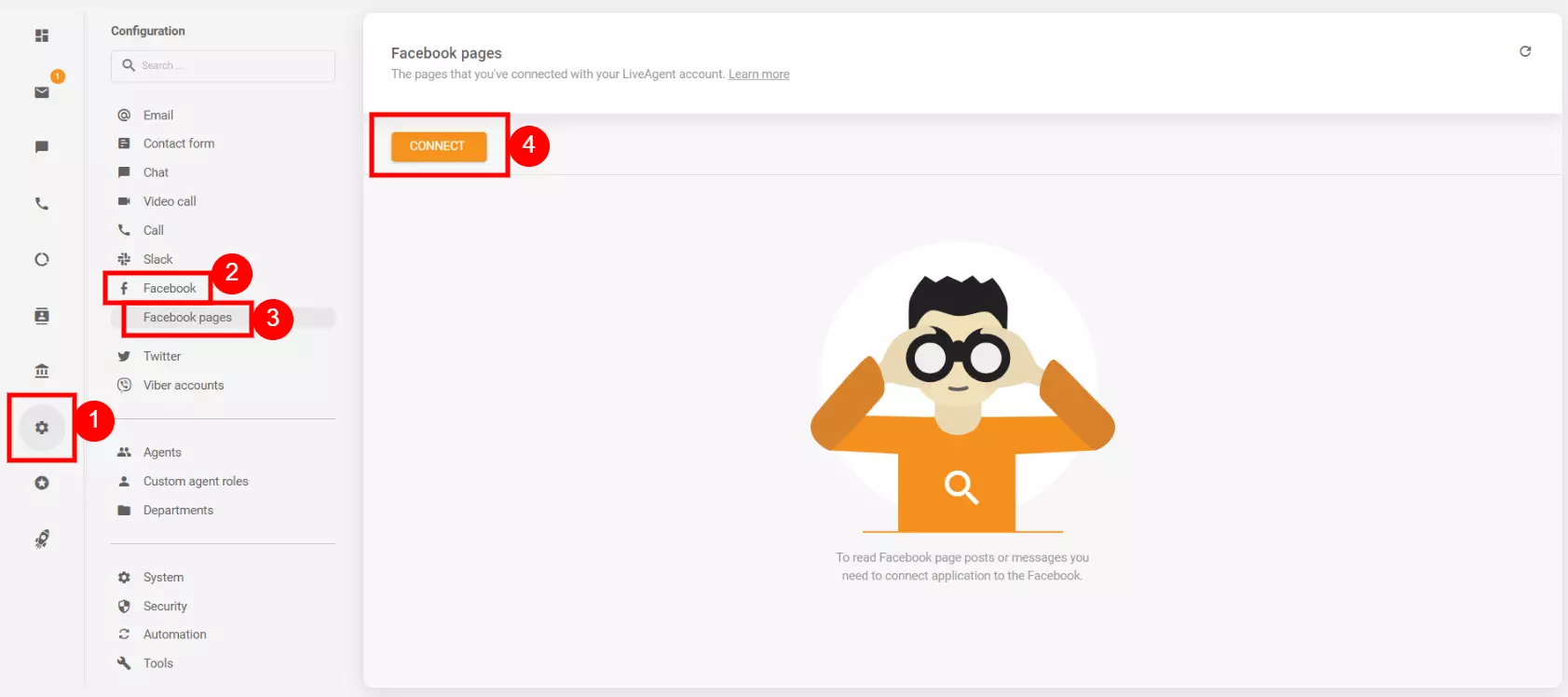Configurações de configuração para conectar sua conta do Facebook com o LiveAgent