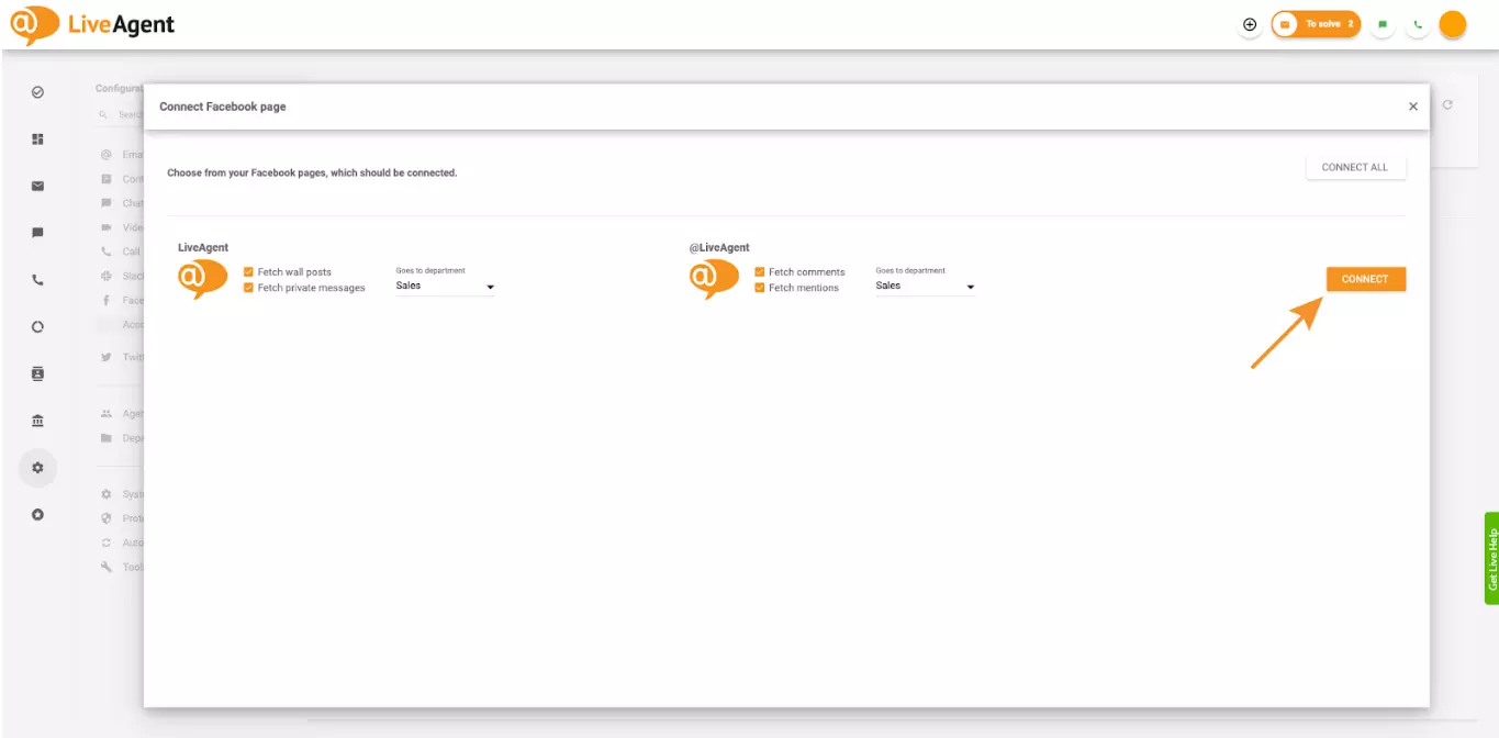 Marcando opções nas configurações para permitir que o LiveAgent busque comentários e menções