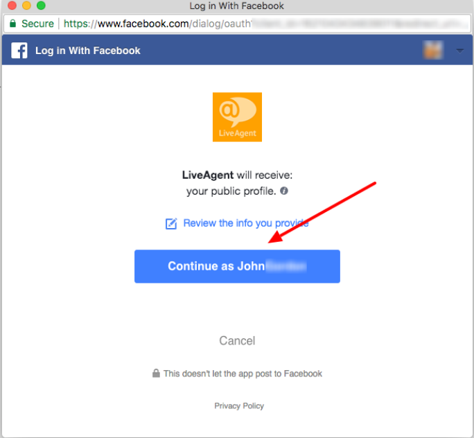 Fazendo login na conta do Facebook pelo LiveAgent como parte do processo de integração