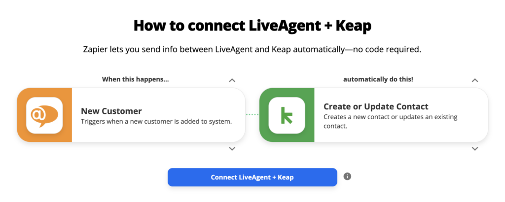 Opções de integração LiveAgent e Keap no Zapier