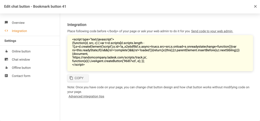 Código de integração do botão de chat gerado no LiveAgent