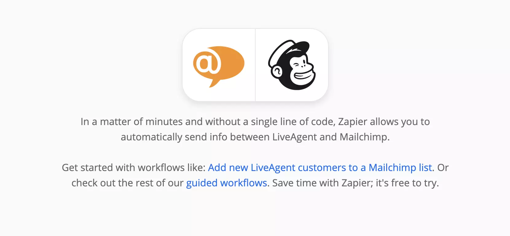 Página de integrações LiveAgent e Mailchimp no Zapier