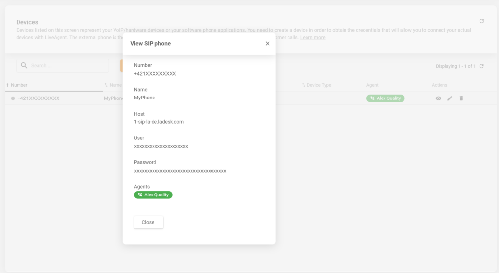 Detalhes de um telefone SIP recém-criado na configuração do LiveAgent
