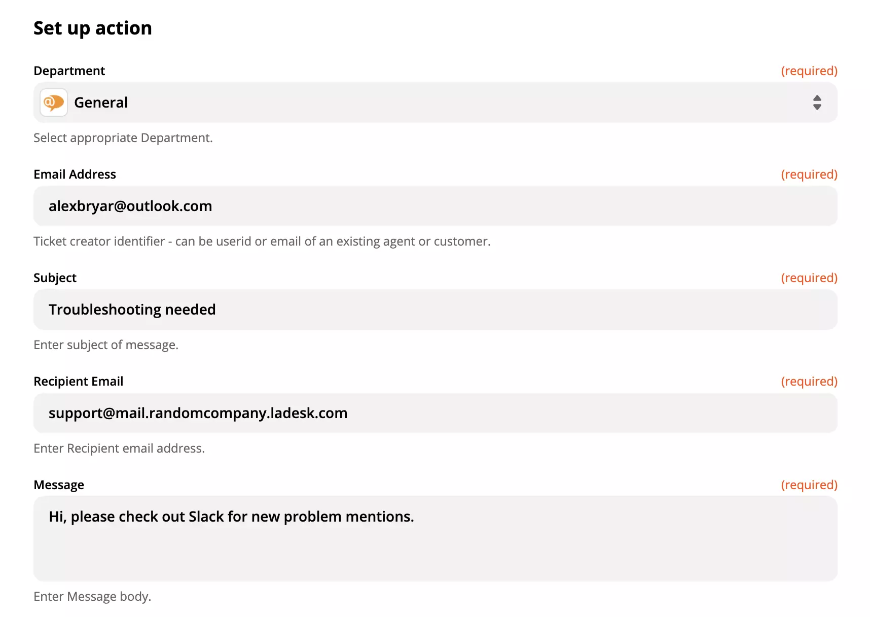 Configuração de ação LiveAgent preenchida