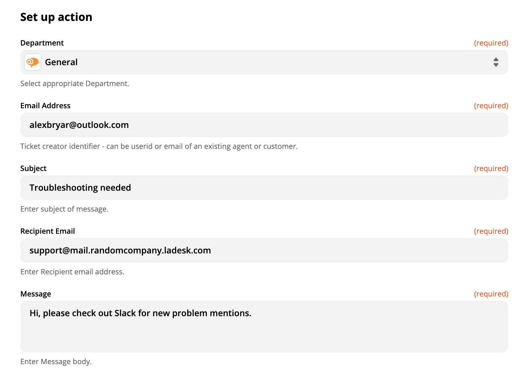 Exemplo de configuração de ação LiveAgent no Zapier