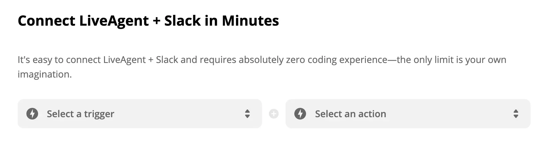 Seleção de gatilho e ação LiveAgent + Slack no Zapier