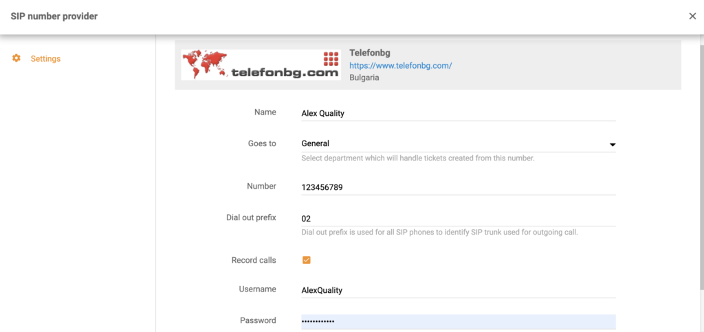Configuração da TelefonBG ao adicionar um novo número de call center no LiveAgent