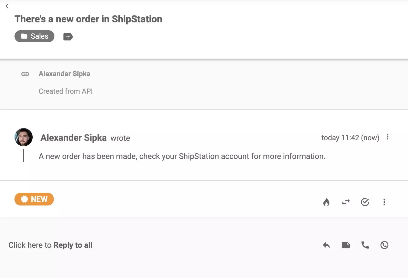 Mensagem ShipStation enviada após um novo pedido ter sido feito