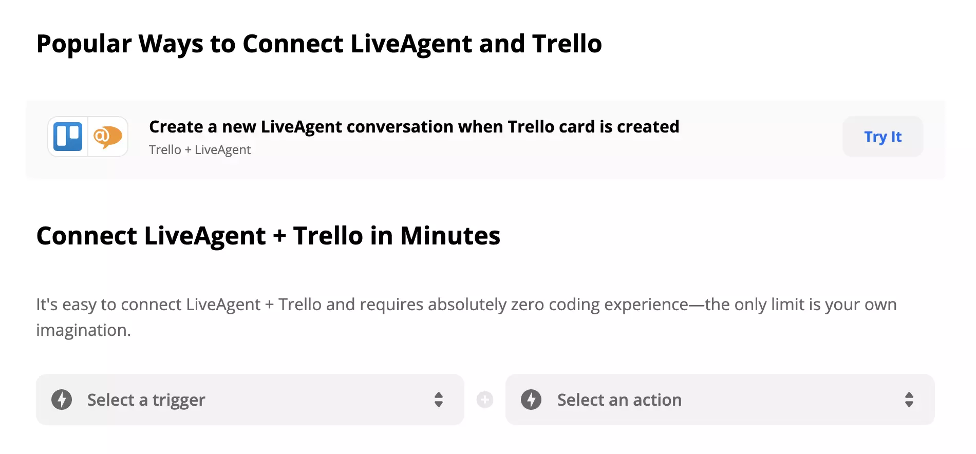 Integração do LiveAgent e Trello no Zapier com seleção de Gatilho e Ação