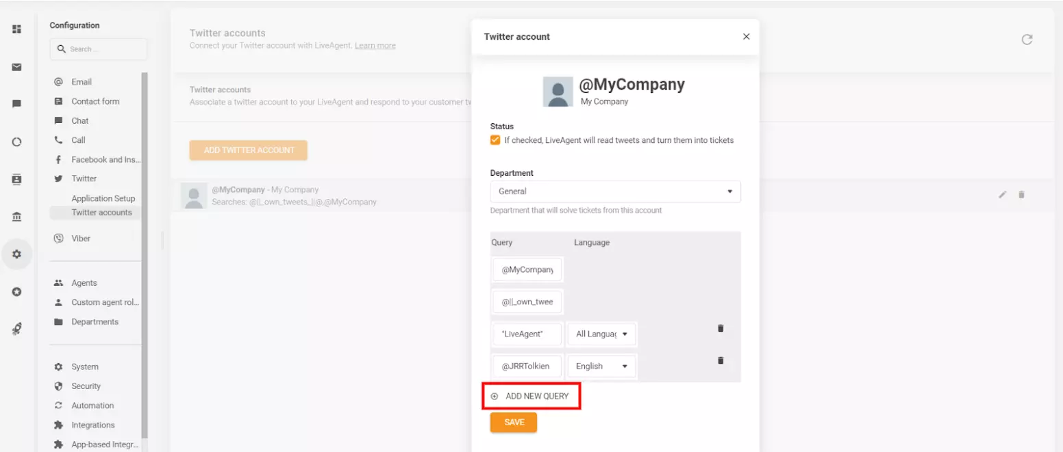 Imagem mostra como definir parâmetros específicos e personalizar quais tweets (posts) você deseja transformar em tickets