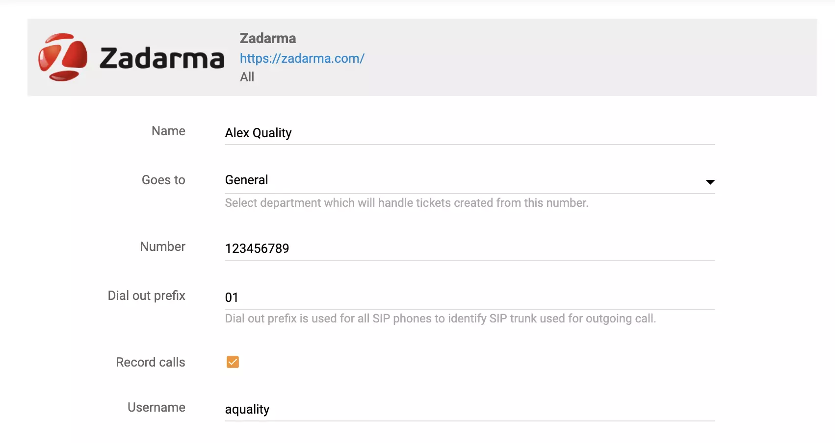 Opções de configuração de chamada Zadarma no LiveAgent