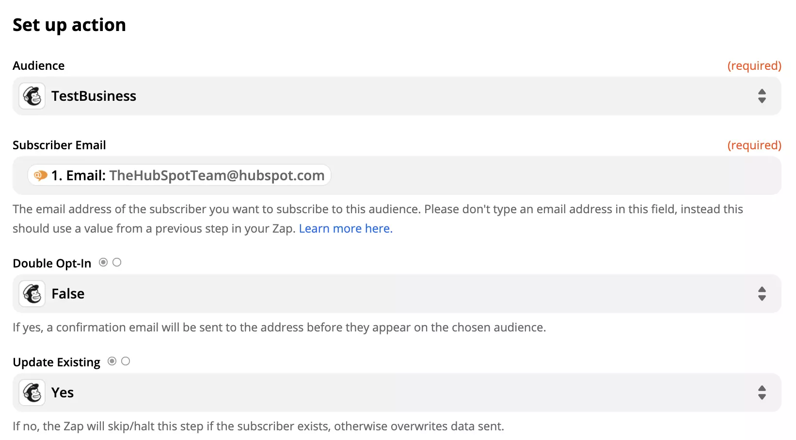 Configuração da ação Mailchimp