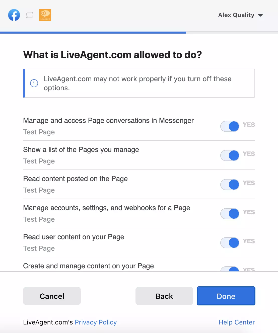 Lista de permissões que mostra quais dados podem ser acessados pelo LiveAgent