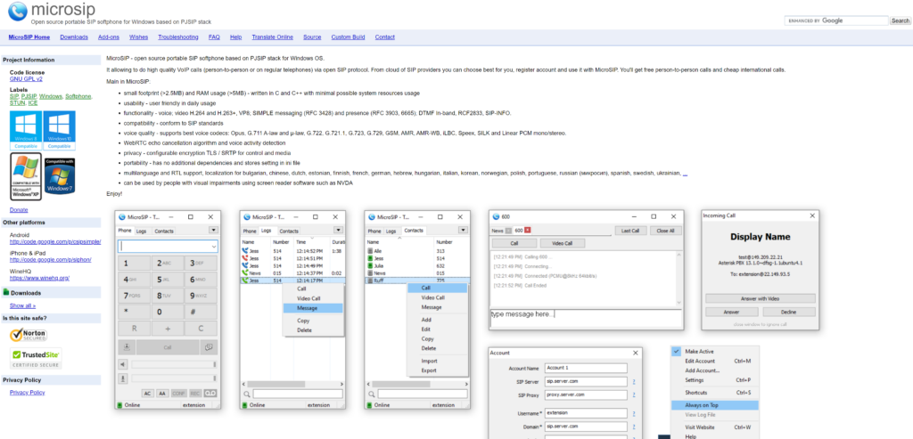 Página inicial do MicroSIP