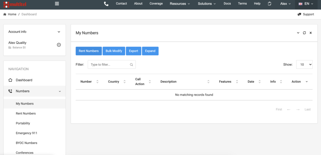 Painel do MultiTEL com opções de número
