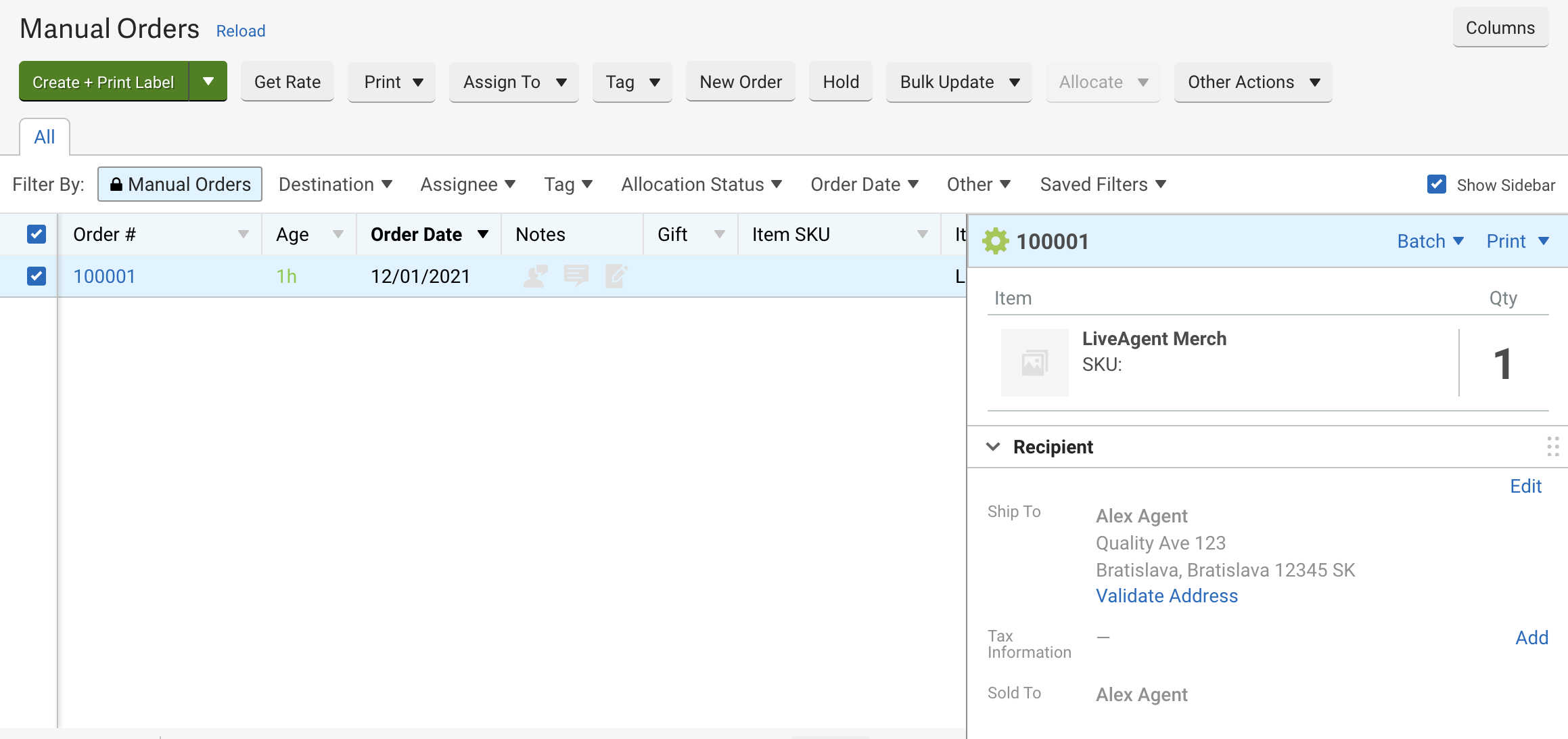 Um novo pedido criado no ShipStation