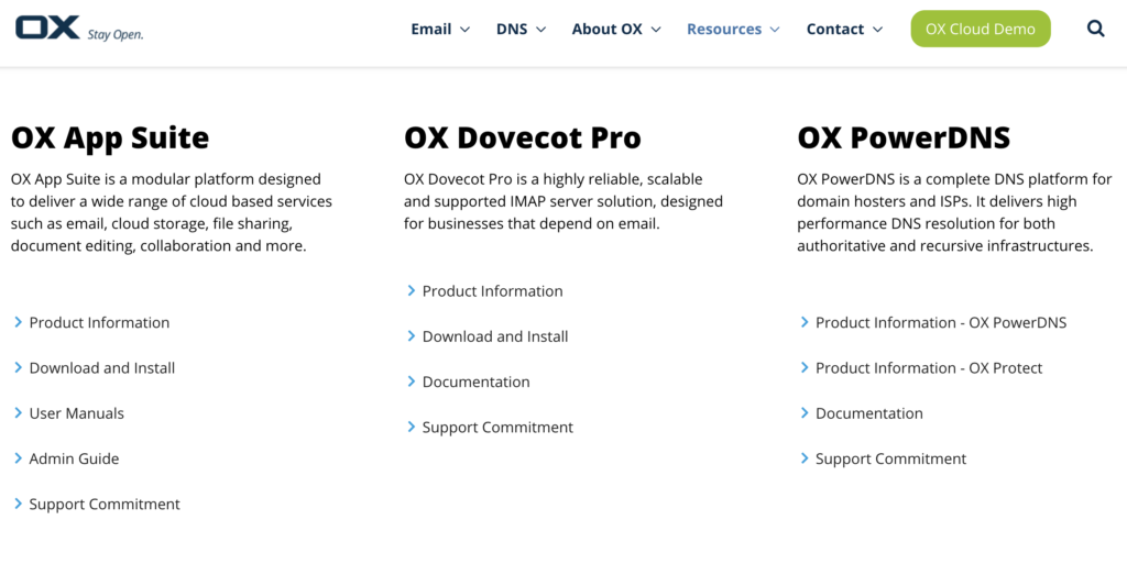 Site do Open-Xchange com opções de download e guias