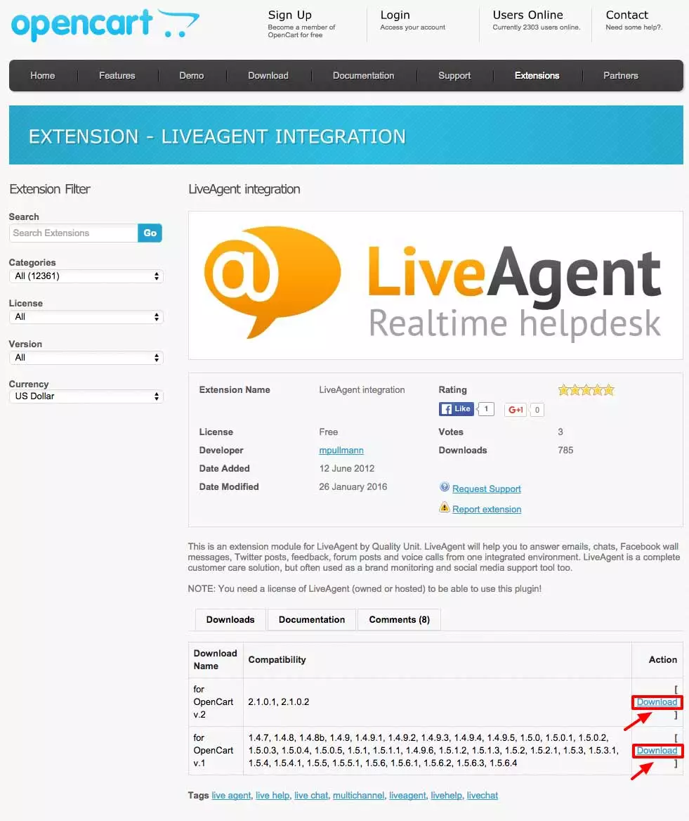 Integração OpenCart LiveAgent - Baixar extensão